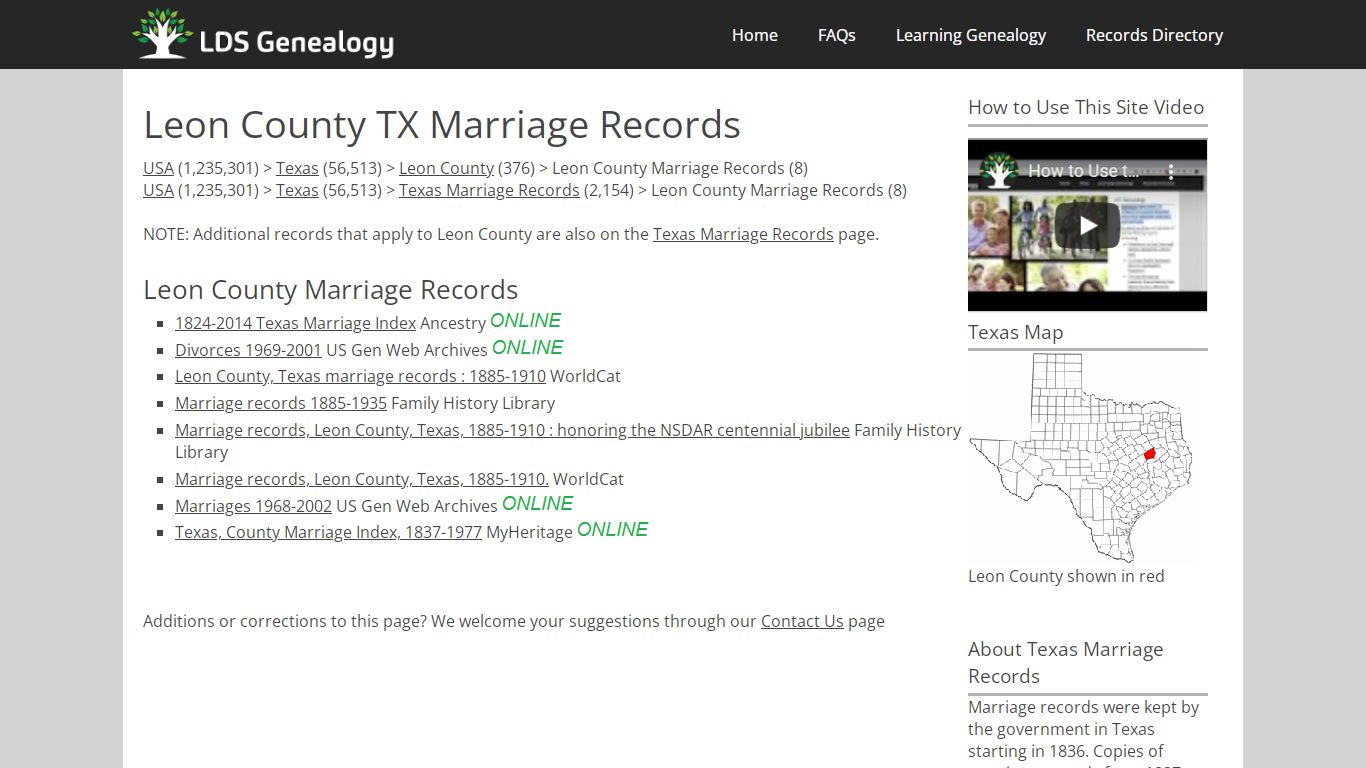 Leon County TX Marriage Records - LDS Genealogy