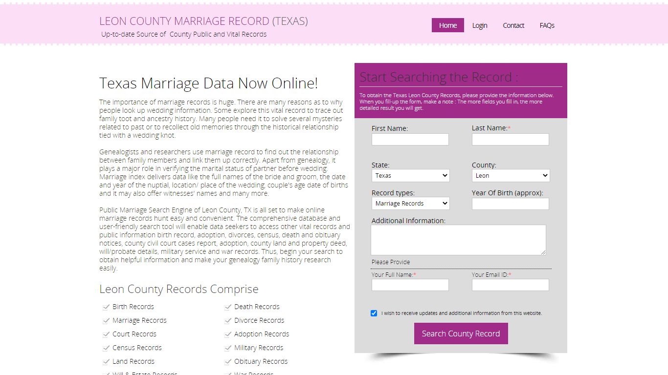 Public Marriage Records - Leon County, Texas